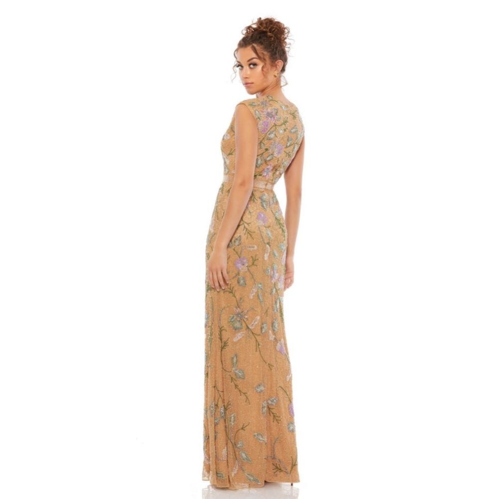 Mac Duggal Beaded Floral Gown Formal Dress, Mustard Yellow, New, Size 10 - Picture 5 of 15